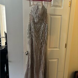 Silver Backless Sequin Gown for Bride